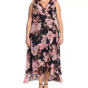 NWT London Times Black Pink Floral High Low Dress chiffon 18w feminine wrap look